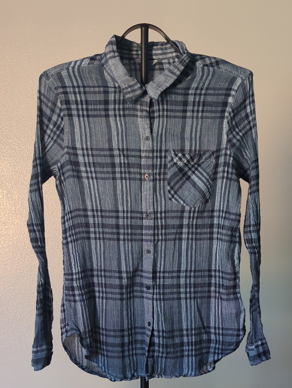 Lucky Brand 100% Cotton Gauze Button Up Shirt in Slate Blue Plaid Size Large
